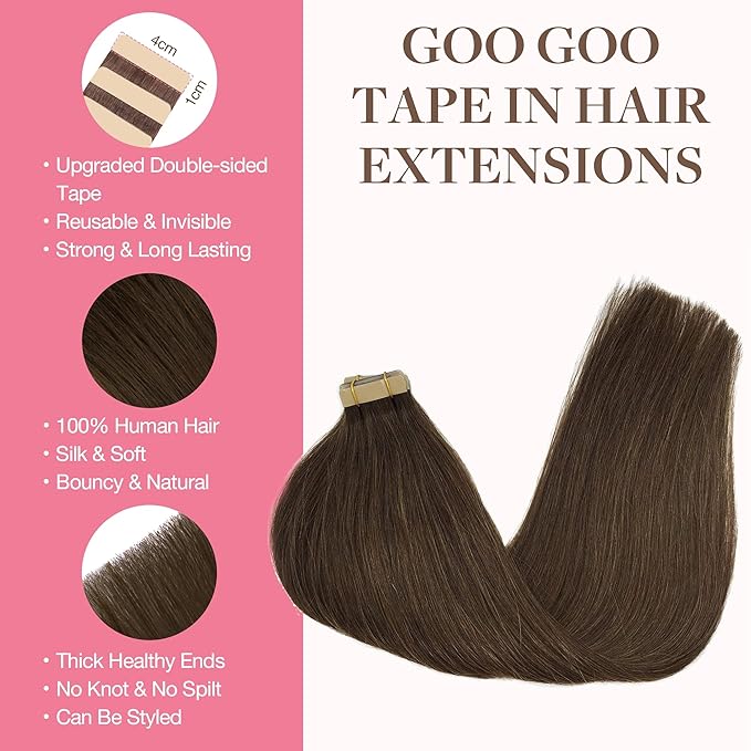 GOO GOO Tape in Hair Extensions Human Hair, 4A Chocolate Brown, 14inch 50g 20pcs, Skin Weft Seamless Invisible, Silky Straight with Thick Ends, Remy Human Hair