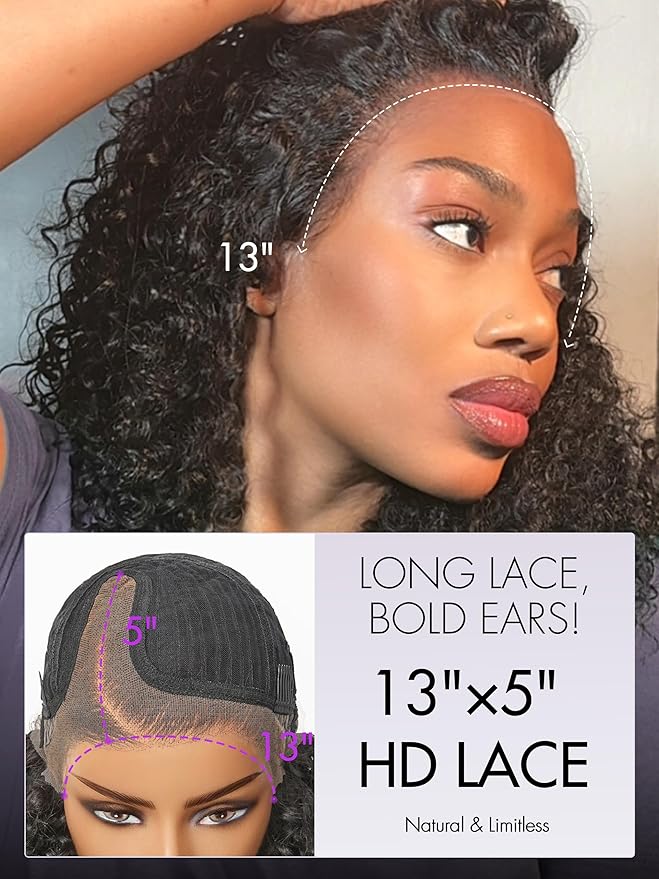 LUVME HAIR 100% Real Human Hair Wig Lace Frontal Deep Curly 18 inches Drawstring Cap Glueless HD Lace Wigs Human Hair Pre Plucked Pre Cut, Curly Wig Human Hair Ready to Go Wig