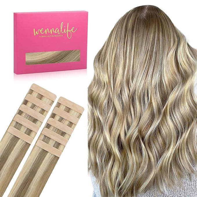 WENNALIFE Tape in Hair Extensions Human Hair Ash Brown with Platinum Blonde Highlights Tape in Extensions, 10pcs 25g 14 inch Remy Invisible Tape Ins Straight Colored Soft Refill Set