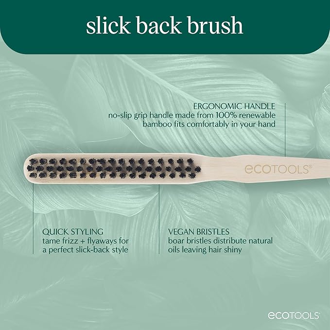 EcoTools Slick Back Hairbrush, Small Brush For The Perfect Ponytail Or Bun, Tease, Smooth, & Style Hair, Tame Frizz & Flyaways, Renewable Bamboo Handle & Vegan Boar Bristles, Cruelty-Free, 1 Count