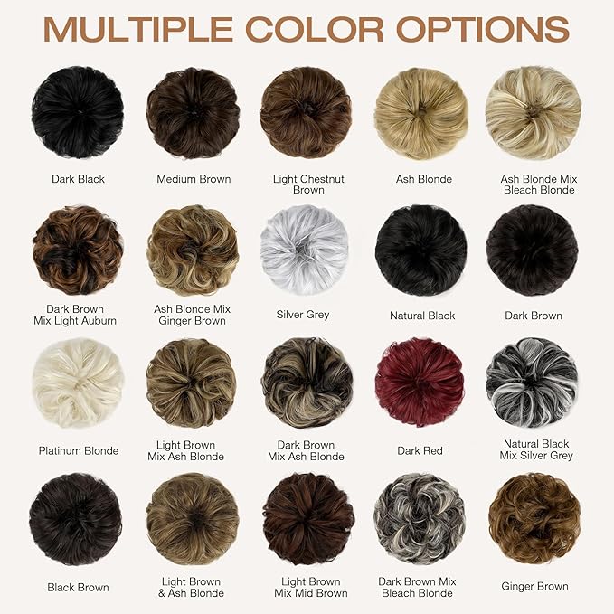 Messy Bun Hair Piece Wavy Curly Scrunchies Fluffy Donut Thick Updo Elegant Chignon Hairpieces for Women Girls, Natural Black Mix Dark Auburn 1.4oz