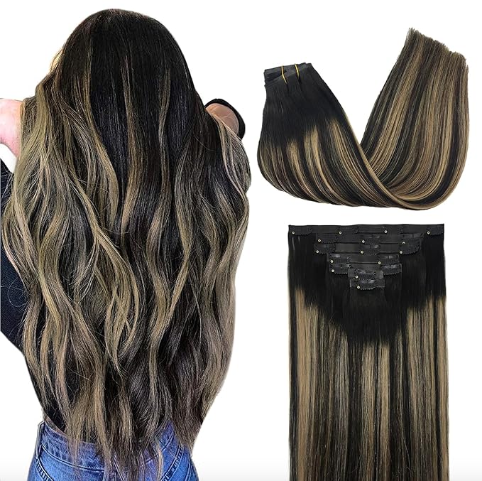 GOO GOO Clip in Hair Extensions Real Human Hair, Remy Human Hair Extensions Clip ins for Women, Natural Human Hair, 22inch 160g 7Pcs, #1B/6/1B Balayage Natural Black to Chestnut Brown