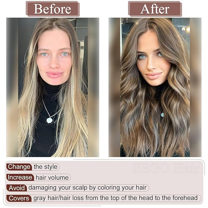SEGO Real Human Hair Topper for Women without Bangs, Hair Topper with Anti-Slip Clips (6 Inch#12/613 Golden Brown Mix Bleach Blonde)