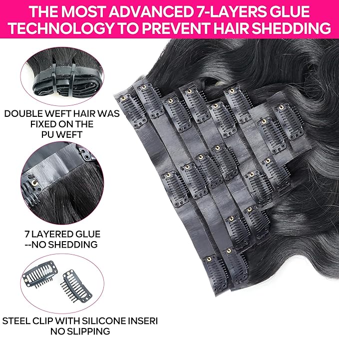 Seamless Clip in Hair Extensions Human Hair Body Wave Human Hair Clip ins for Black Women 8Pcs Invisible Skin Weft 18Clips 120g 26inch Natural Black