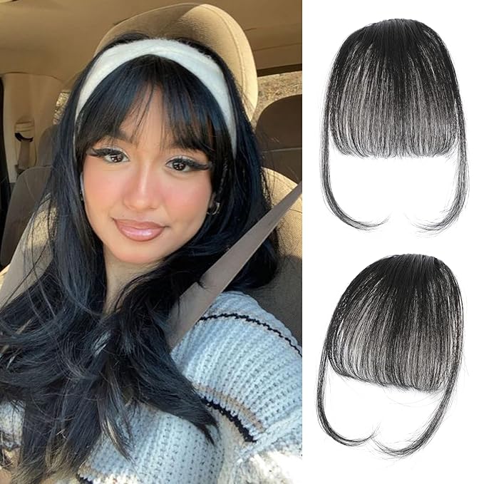 Clip in Bangs Real Human Hair Natural Black Wispy Bangs Fake Bangs with Fringe Clip on Bangs Curved Bangs Hairpieces for Women Daily Wear