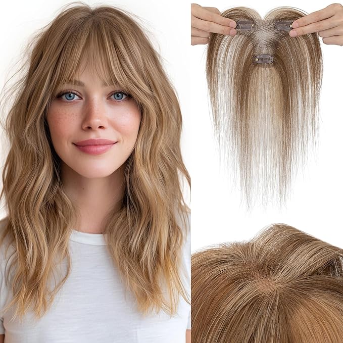Hairro Human Hair Toppers with Wispy Bangs, 3D 360° Seamless Real Hair Toppers, Hand-Tied with 3.5"x4.7" T-shaped Base, Clip-In Hairpieces to Add Volume on Top, 11 Inch Medium Brown Mix Dark Blonde