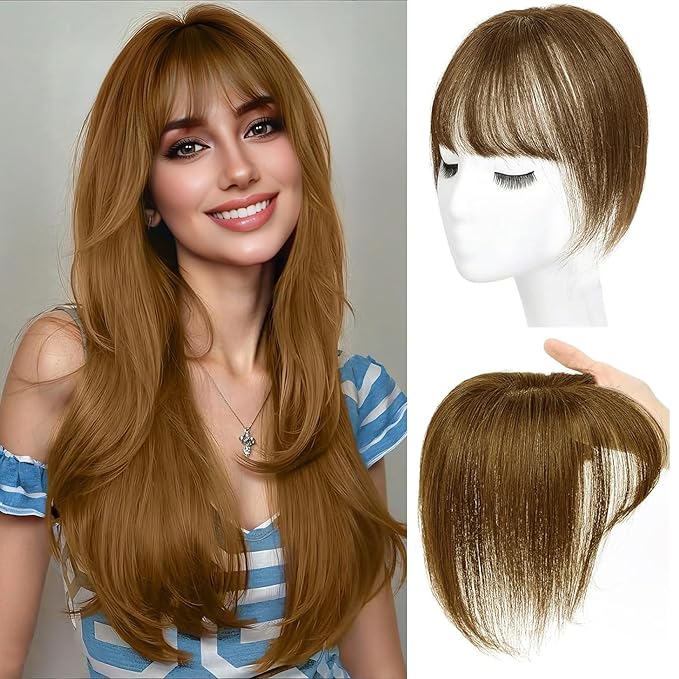 Hair Toppers for Women Real Human Hair Clip in Bangs 360° Cover Remy Human Hair Topper with Bangs for Thinning Realistic Scalp Upgrade Swiss Lace Base Hairpieces Cover Gray Hairy Roots Caramel Brown
