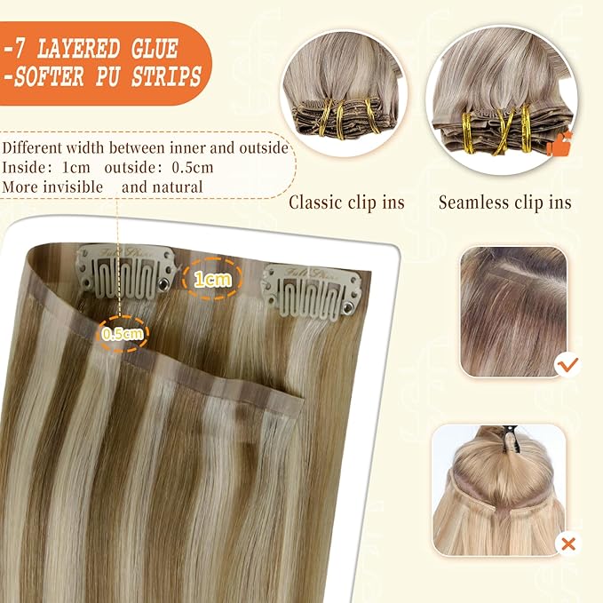 Full Shine Clip in Hair Extensions Real Human Hair Ash Brown with Platinum Blonde Highlights Seamless Clip in Extensions for Women 14 Inch 8 PCS 120 G