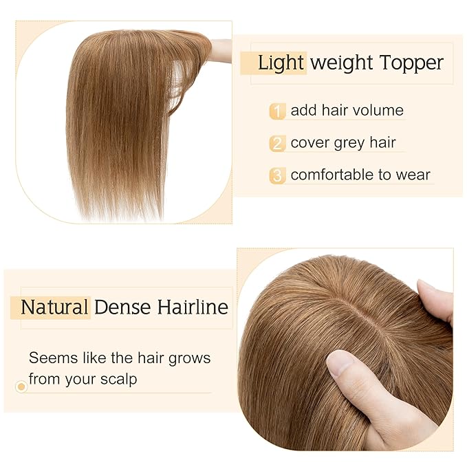SEGO Hair Toppers for Women Real Human Hair With Bangs, 7 * 13CM Silk Base 100% Remy Human Hair Clip in Top Wiglet Hairpieces Add Volume -14 Inch Light Brown