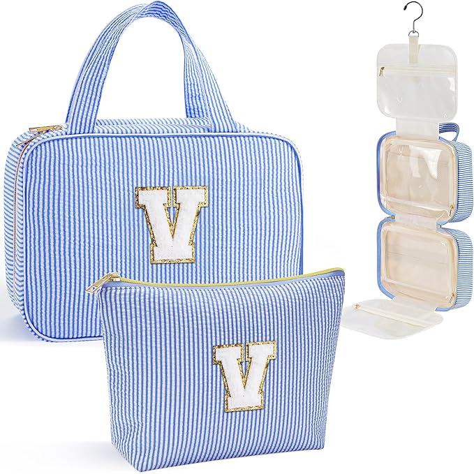 YOOLIFE Travel Toiletry Bag for Women - Hanging Toiletry Bag Makeup Bag, Portable Toiletries Cosmetic Bag, Airplane Travel Essentials - Letter V, Blue