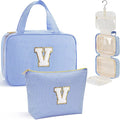 YOOLIFE Travel Toiletry Bag for Women - Hanging Toiletry Bag Makeup Bag, Portable Toiletries Cosmetic Bag, Airplane Travel Essentials - Letter V, Blue