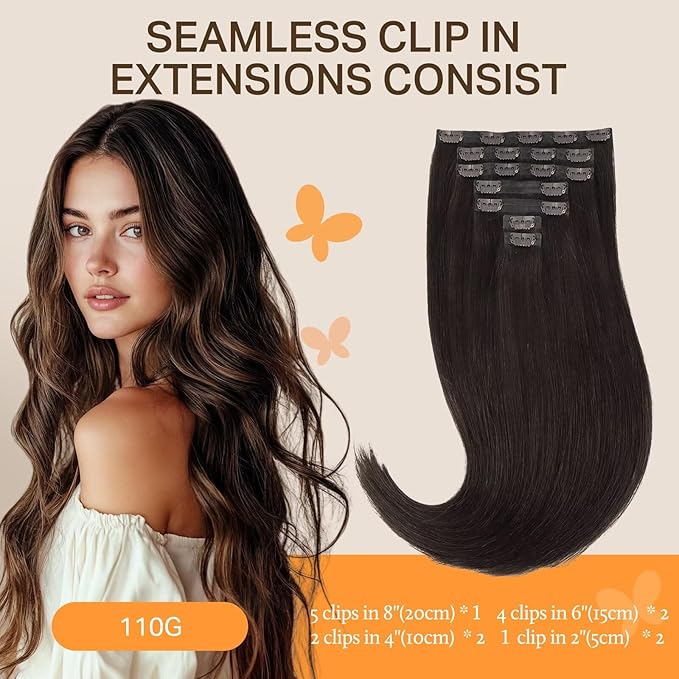 DOORES Clip-in Hair Extensions, Dark Brown 14 Inch 110g 7pcs, Real Human Hair Seamless Clip-ins with PU Weft Invisi Edge, Natural Straight Remy Hair