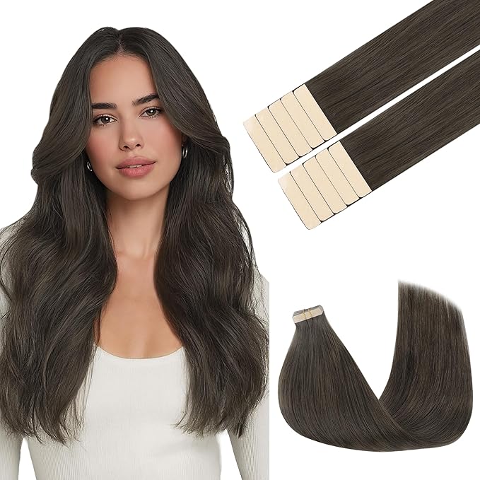 GOO GOO Tape in Hair Extensions Human Hair, 1C Mocha Brown, 24inch 30g 10pcs, Skin Weft Seamless Invisible, Silky Straight with Thick Ends, Remy Human Hair