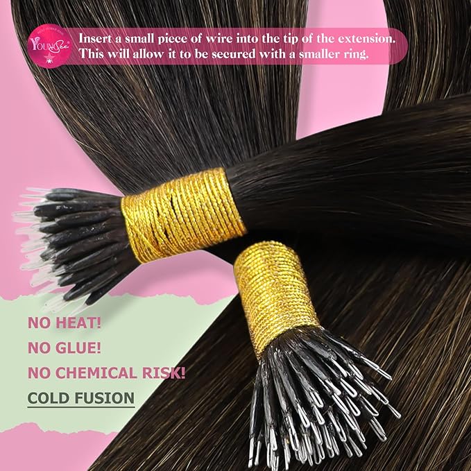 YoungSee Nano Ring Hair Extensions Human Hair Brown Nano Hair Extensions Human Hair Brown With Dark Browns Balayage Nano-Link Hair Extension Balayage 16in Nano-Loop Hair Extension 50s 50g