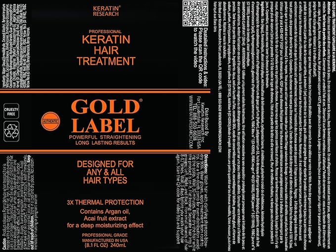 Gold Label Brazilian Keratin Hair Treatment Straightening works on All Hair Types Incl Coarse Thick Dry Frizzy Curly Bleached Dominican Brazilian Indian Strong formula Hair 240ml