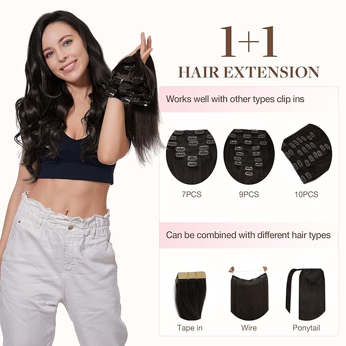 GOO GOO Clip in Hair Extensions Real Human Hair, Remy Human Hair Extensions Clip ins for Women, Natural Human Hair, 18inch 70g 4Pcs, 2 Dark Brown