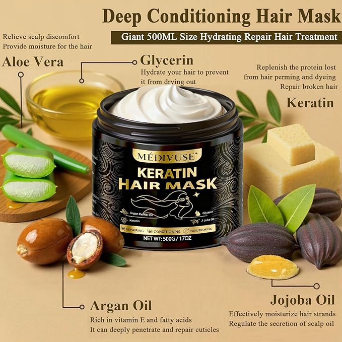 Deep Conditioning Hair Mask - Keratin Mask with Argan Oil - Giant 500ML Size Jojoba Oil Natural Hydrating Repair Hair for Damaged Frizzy Dry Hair Treatment - Fits All Hair Types (17 oz), Argan Oil