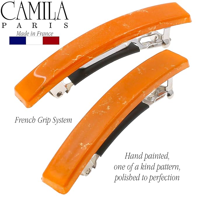 Camila Paris CP3041 French Hair Barrette Clip for Girls, Set of 2 Orange Rubberized Metal Clasp Strong Hold Grip Hair Clips for Women, No Slip Durable Styling Girls Hair Accessories, Made in France