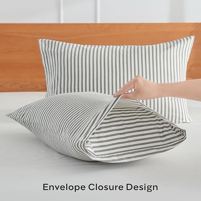 JELLYMONI 100% Natural Cotton Striped Queen Pillowcases Set, 2 Pack White and Grey Vertical Stripes Pattern Printed Pillow Covers with Envelope Closure(Pillows are not Included)