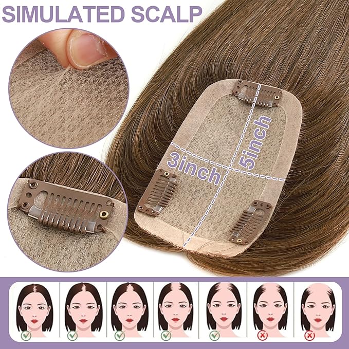 3x5 Inch Injected Silk Base Hair Toppers for Women, 12 Inch Length 130% Density Real Human Hair Pieces #2A Brown