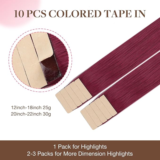 GOO GOO Tape in Hair Extensions Human Hair, Burgundy Red, 14inch 25g 10pcs, Colored Tape ins Human Hair Extensions, Silky&Soft Invisible Tape Ins, Hair Highlighted for Party