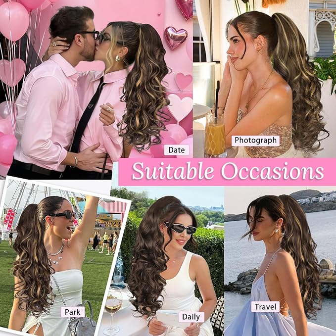 ALXNAN Ponytail Extension,24 Inch Claw Clip in Long Curly Wavy Dark Brown with Golden Blonde Ponytail Hair Extension Jaw Clip on Pony Tails Hairpiece for Women