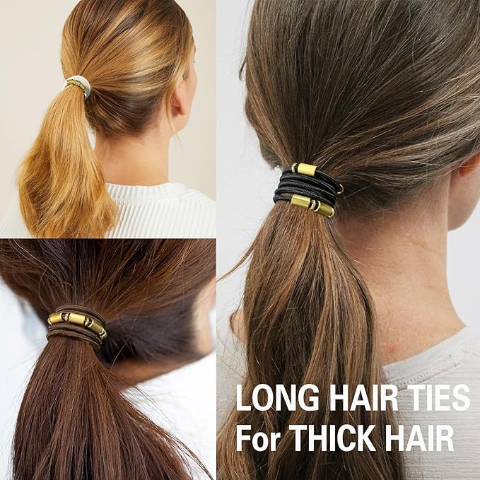 Black Extra Large Long Bracelet Hair Ties for Thick Curly Hair, 3 Pack 3mm Elastic Ponytail Holders Accessories for Women No Damage Stretchy Pony Tails Bands with Gold Metal Charms Beads