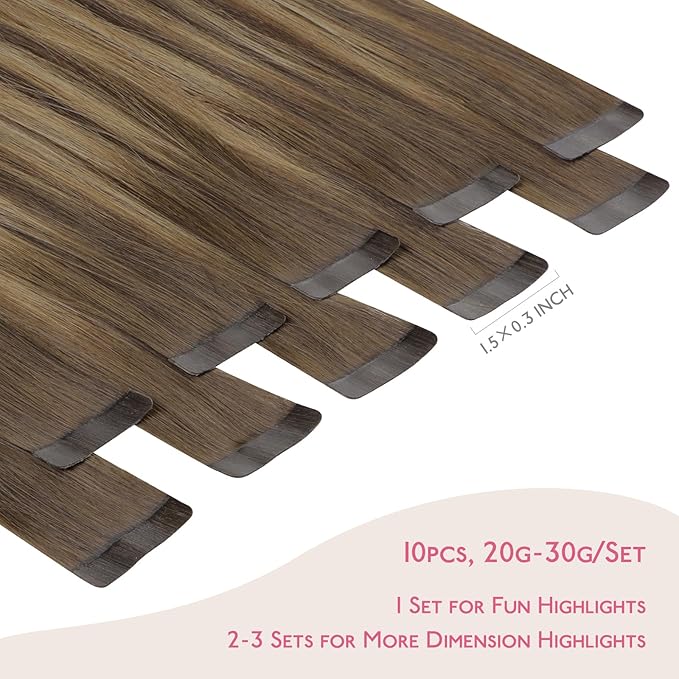 WENNALIFE Tape in Hair Extensions - Human Hair Balayage Chocolate Brown to Caramel Blonde, 10pcs 25g 14 inch Remy Invisible Tape Ins Straight Soft Real Human Hair
