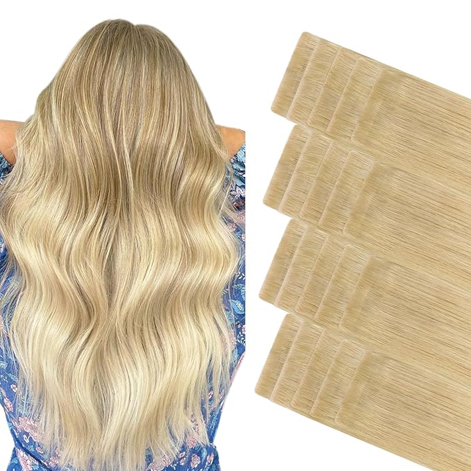 GOO GOO Invisi edge Tape in Hair Extensions Human Hair, 18AP60A Pearl Ash Blonde Highlights 20pcs 18inch 50g, Virgin Human Hair Tape ins, Seamless Injected Tape in Hair Extensions