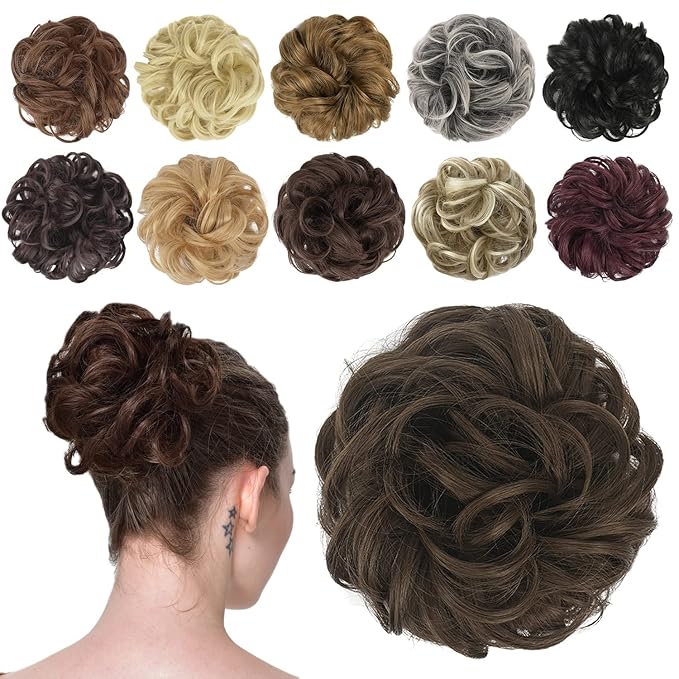 FESHFEN Messy Bun Hair Piece - Elastic Wavy Curly Hair Bun Scrunchies Extensions Synthetic Chignon Hairpieces for Women Girls, Medium Brown 1.5 oz