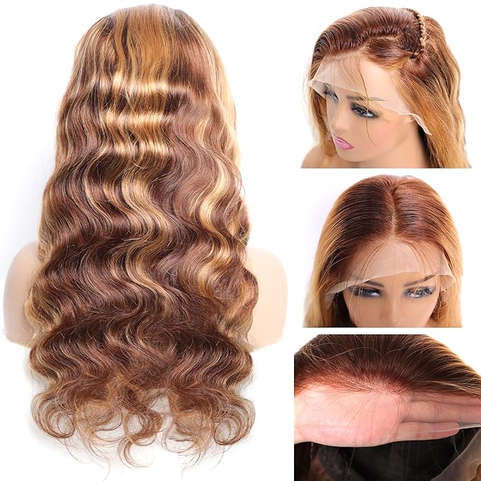 Highlight Ombre Lace Front Wig Human Hair Pre Plucked 13x4 HD Transparent 4/27 Colored Honey Blonde Lace Frontal Wigs For Women with Baby Hair 200% Density Body Wave Lace Front Wig 20 Inch