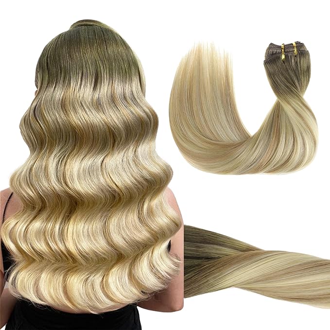 GOO GOO Clip in Hair Extensions Real Human Hair, Remy Human Hair Extensions Clip ins for Women, Natural Human Hair, 14inch 120g 7Pcs, 5A/90/16F Bahamian Balayage