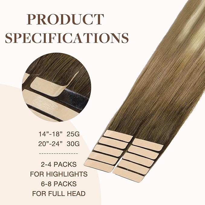 GOO GOO Tape in Hair Extensions Human Hair, 3/8/613 Balayage Walnut Brown to Ash Brown and Bleach Blonde, 20inch 30g 10pcs, Seamless Invisible, Silky Straight with Thick Ends, Remy Human Hair