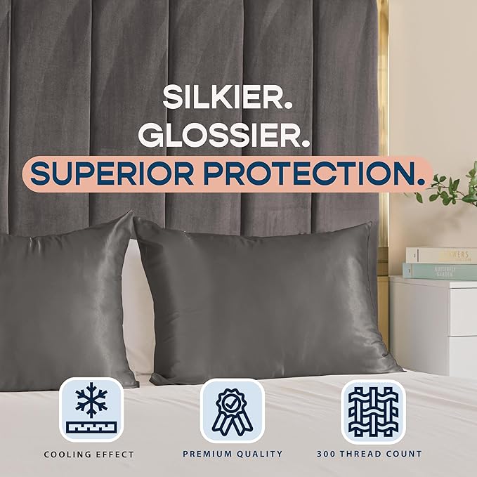 BLISSFORD Satin Pillowcase with Zipper, for Hair and Skin Care, Feels Soft and Cool Like a Silk Pillowcase, Satin Pillow Cases 2 Pack, Slik Pillow Cover, Dark Grey - Queen Size