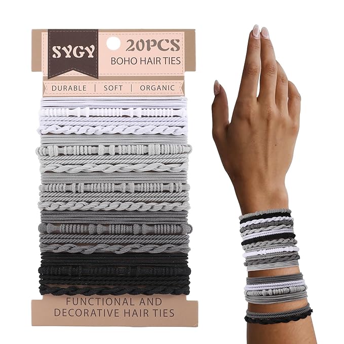 20 PCS Boho Hair Ties - 4 Styles for Ponytail Holders, No-Damage Grey Bracelets for Thick or Thin Hair