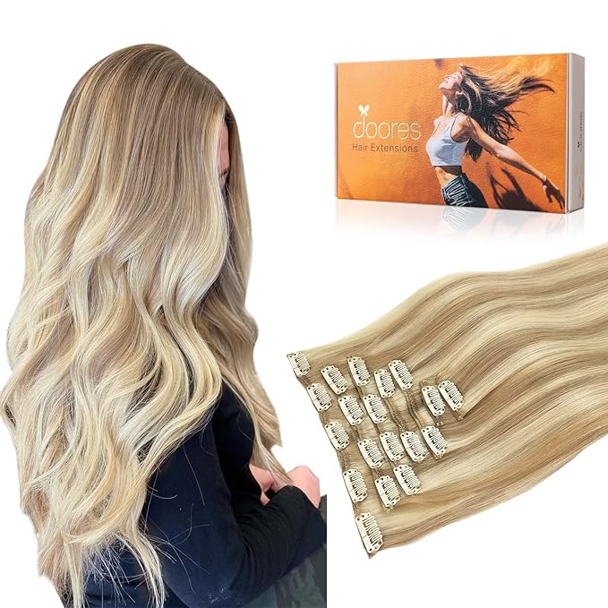 DOORES Hair Extensions Clip in Human Hair, Balayage Dark Blonde Highlighted Bleach Blonde 100g 7pcs 14 Inch, Remy Straight Weft Real Natural Hair Extensions