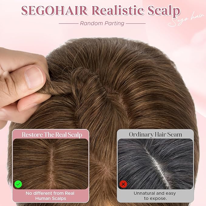 Real Human Hair Toppers for Women 3.54"*4.72" Silky Base 150% Density No Bangs Adjustable Parting Clip-In Topper Hairpieces for Women with Thinning Hair 10 Inches Medium Brown
