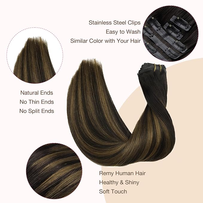 GOO GOO Clip in Hair Extensions Real Human Hair, Remy Human Hair Extensions Clip ins for Women, Natural Human Hair, 22inch 110g 7Pcs, 2/6/2 Balayage Dark Brown to Chestnut Brown