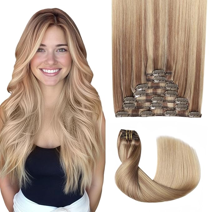 Pro2.0 Remy Real Human Hair Extensions Clip ins 120g Thick 7pcs Color #10/16/16 Ash Brown to Caramel Blonde Remy Clip in Hair Extensions Real Human Hair 16inch Double Weft（#10/16/16-16inch）