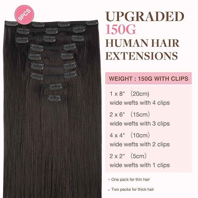 GOO GOO Clip in Hair Extensions Real Human Hair, Remy Human Hair Extensions Clip ins for Women, Natural Human Hair, 14inch 150g 9Pcs, 2 Dark Brown