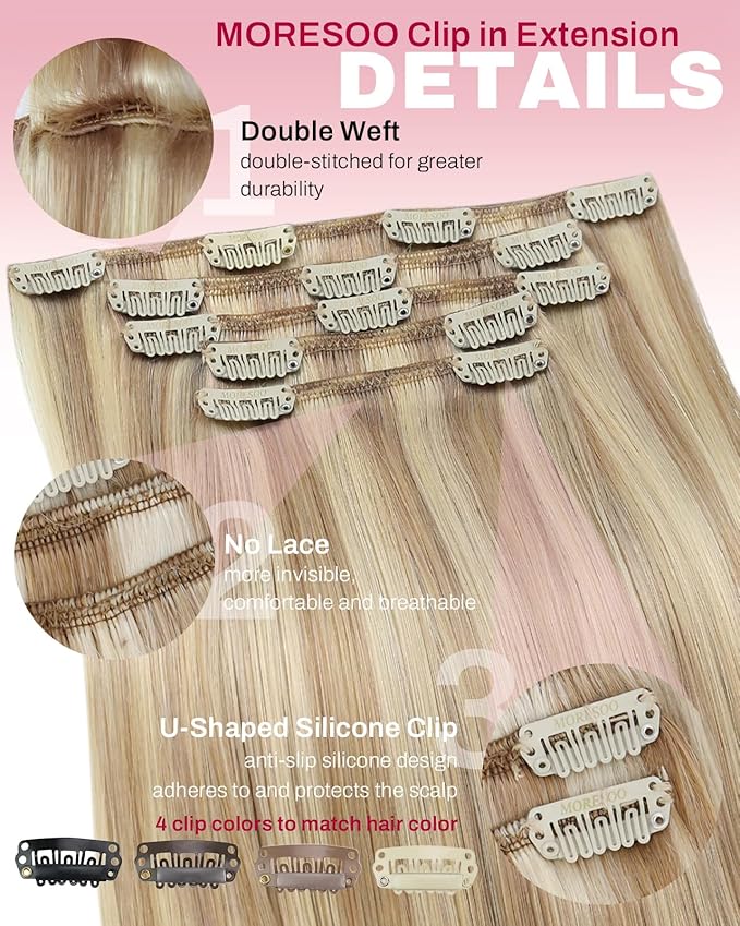 Moresoo Real Human Hair Extensions Clip ins Highlighted Blonde Clip in Human Hair Extensions Golden Blonde with Medium Blond Remy Straight for Wedding Long 80g/5pcs 20 inch