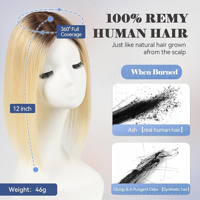 HAIRCUBE Hair Toppers 100% Real Human Hair,Ombre Light Blonde, 5.5"*4" MONO Large Base, 46g Hand-moven Real Human HairToppers for Women with ThinningHair