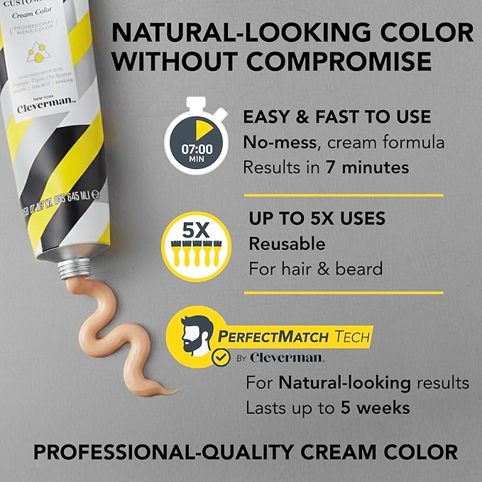 Cleverman Hair & Beard Dye Kit for Men, All-in-One Reusable Mens Hair Color, Natural Gray Coverage, Ammonia-Free Beard Mustache Dye for Men (Light Brown)