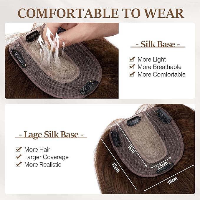 Rich Choices Hair Toppers for Women Real Human Hair 100% Human Remy Toppers NO Bangs for Women with Thinning on Top Clip in Hairpiece 4"x4.7"Lace Base 10 Inch #4 Medium Brown