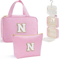 YOOLIFE Hanging Toiletry Bag for Women - Large Travel Toiletry Bag Makeup Bag, Portable Toiletries Cosmetic Bag, Airplane Travel Essentials - Letter N, Pink