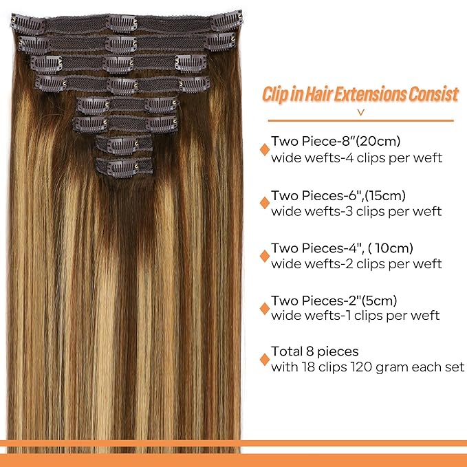 Straight Clip In Hair Extensions Real Human Hair 8Pcs Clip In Balayage Chocolate Brown to Caramel Blonde Human Hair Extensions with 18Clips Lace Weft 120g 16inch