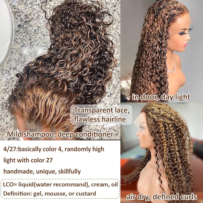 CYNOSURE 13x5 Highlight Ombre Deep Wave Curly Lace Front Wigs Human Hair 26Inch Honey Blonde Deep Curly Wig HD Transparent Lace Frontal Wigs Pre Plucked 180 Density Human Hair for Women