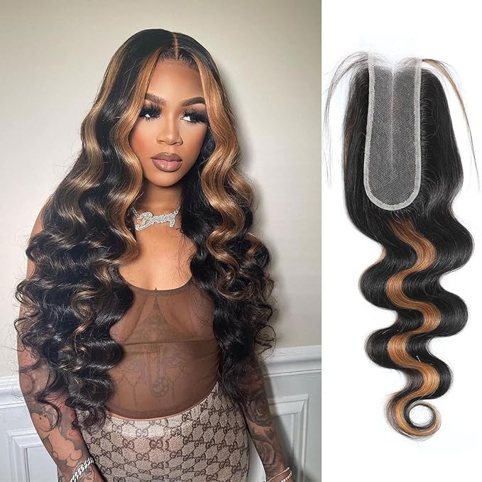 Body Wave 2x6 HD Lace Closure P1B/30 Highlight Brown Black Human Hair Transparent Lace Closure 2x6 Long Deep Middle Part 100% Raw Virgin Human Hair 12 Inch 150% Density