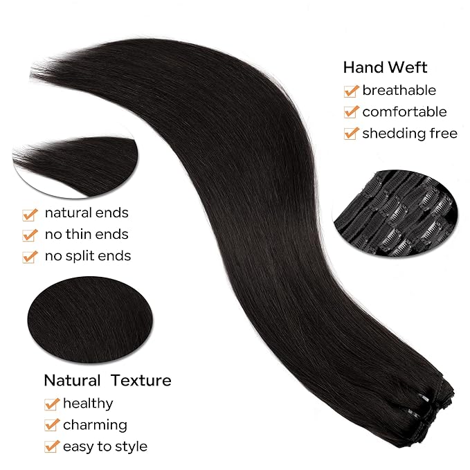 Straight Clip In Hair Extensions Real Human Hair 8Pcs Clip In Jet Black Human Hair Extensions with 18Clips Lace Weft 120g 14inch