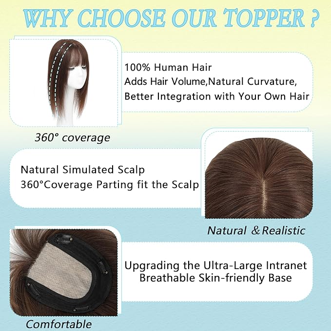 Hair Toppers for Women Real Human Hair, 360° 3D Toppers Pieces for Women with Thinning Crown Wispy Bangs 14 Inch Upgrade Big Basement (Mocha Brown, 14 Inch Wispy Bangs)